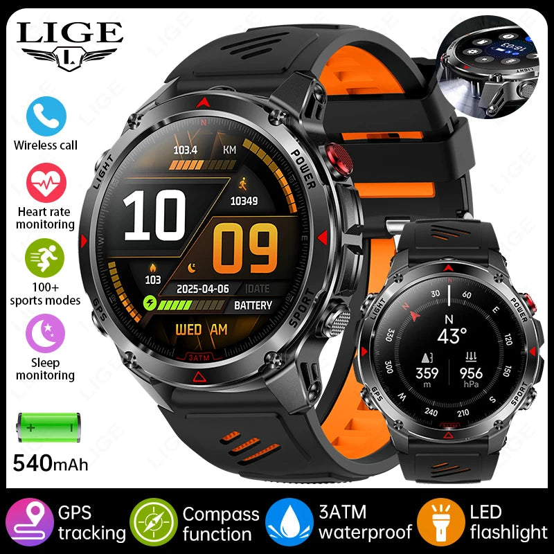 Rugged GPS Smart Watch Men LED Flashlight Compass 3ATM Waterproof Bluetooth Call Sports Cycling Smartwatch