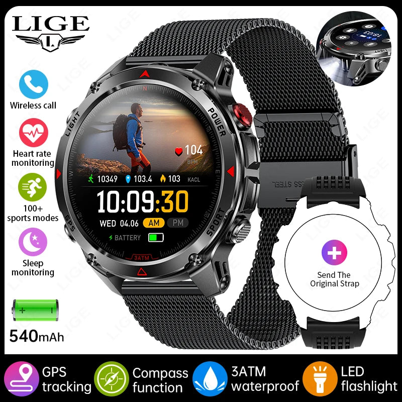 Rugged GPS Smart Watch Men LED Flashlight Compass 3ATM Waterproof Bluetooth Call Sports Cycling Smartwatch