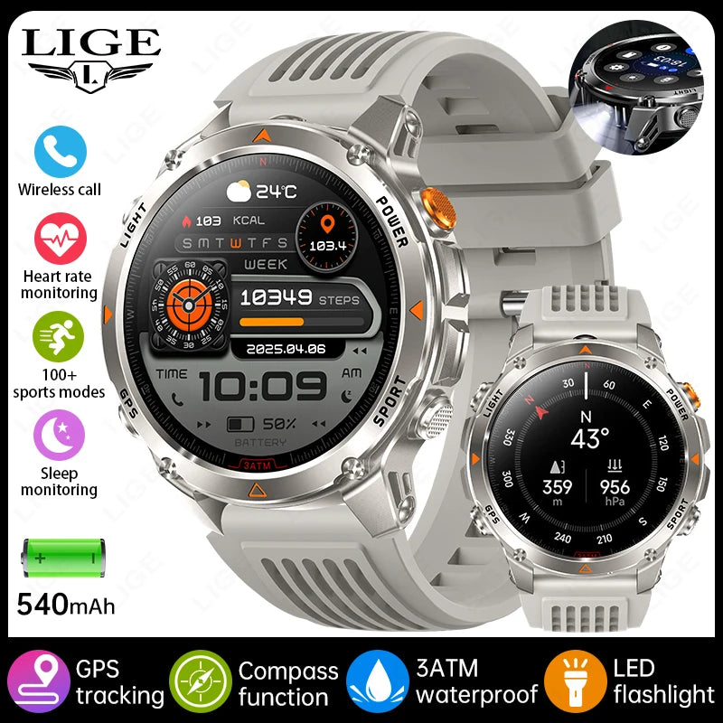 Rugged GPS Smart Watch Men LED Flashlight Compass 3ATM Waterproof Bluetooth Call Sports Cycling Smartwatch