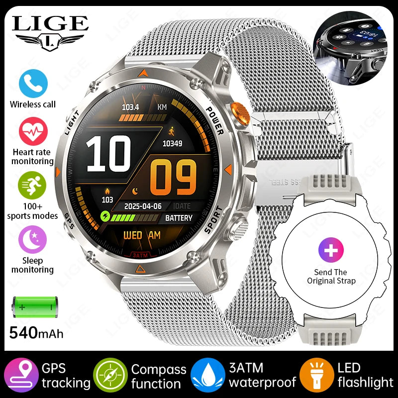 Rugged GPS Smart Watch Men LED Flashlight Compass 3ATM Waterproof Bluetooth Call Sports Cycling Smartwatch