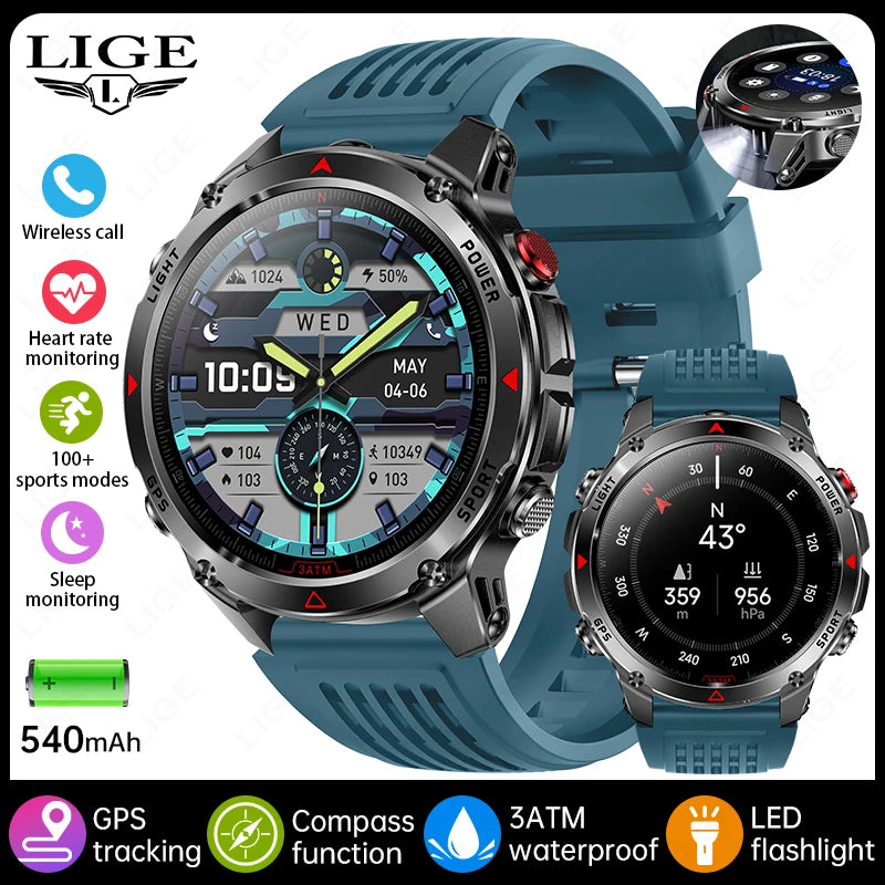 Rugged GPS Smart Watch Men LED Flashlight Compass 3ATM Waterproof Bluetooth Call Sports Cycling Smartwatch