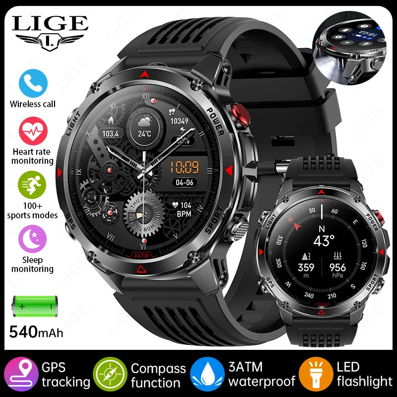 Rugged GPS Smart Watch Men LED Flashlight Compass 3ATM Waterproof Bluetooth Call Sports Cycling Smartwatch