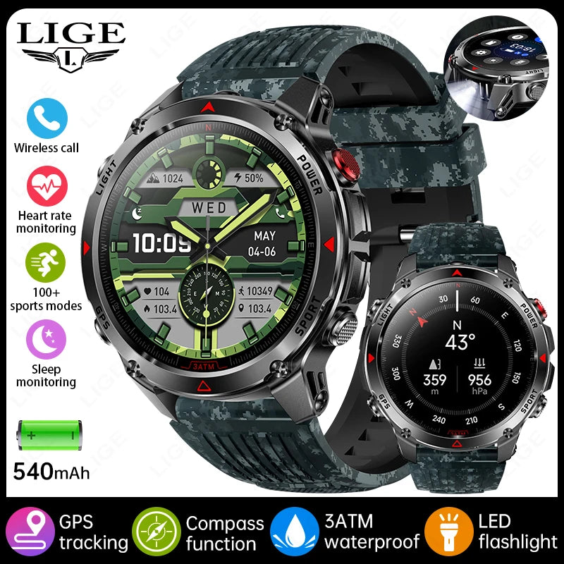 Rugged GPS Smart Watch Men LED Flashlight Compass 3ATM Waterproof Bluetooth Call Sports Cycling Smartwatch