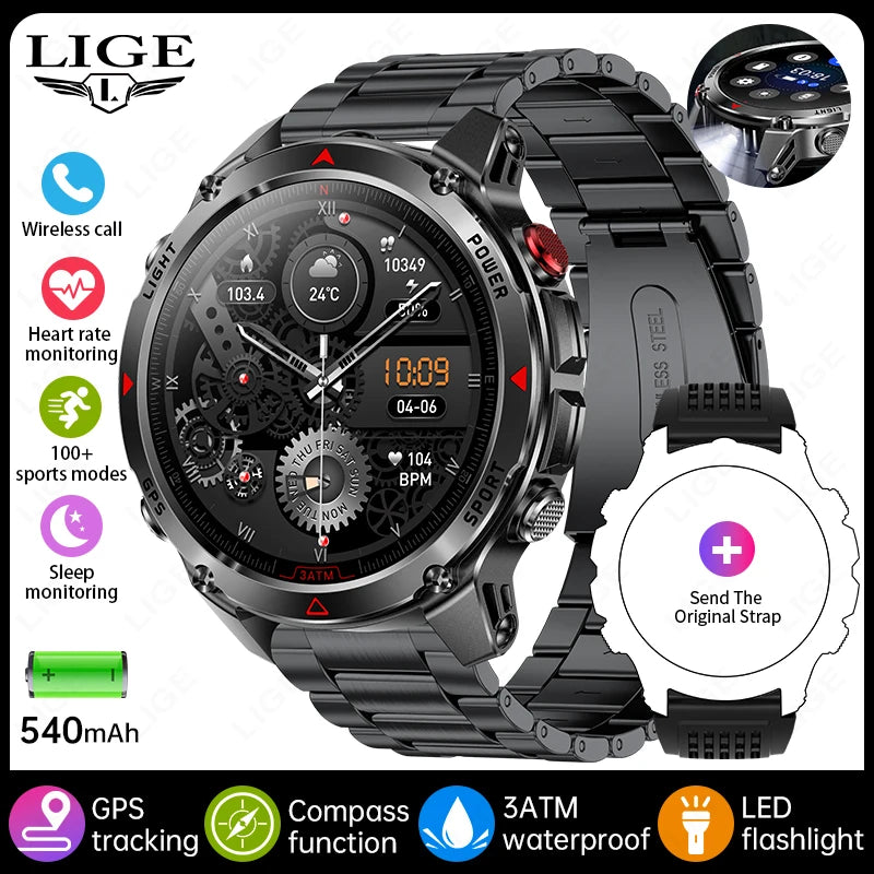 Rugged GPS Smart Watch Men LED Flashlight Compass 3ATM Waterproof Bluetooth Call Sports Cycling Smartwatch