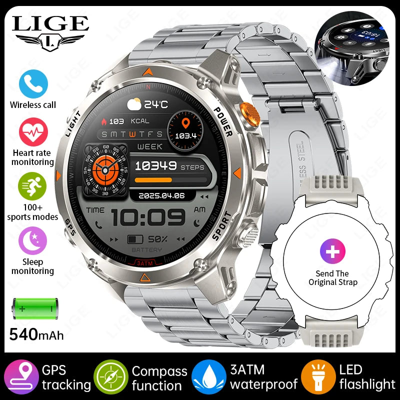Rugged GPS Smart Watch Men LED Flashlight Compass 3ATM Waterproof Bluetooth Call Sports Cycling Smartwatch