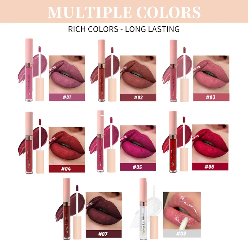 8 Colors Matte Lip Gloss Set One Swipe Pigment Long Lasting Non-Stick Cup Velvet Lip Glaze Kit