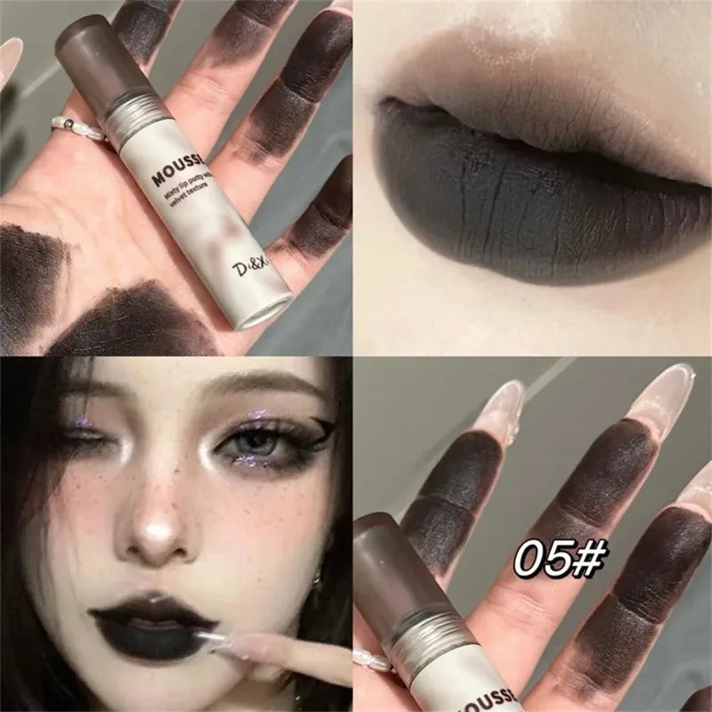 Matte Black Lipstick Waterproof Mousse Lip Mud Nude Brown Gothic Velvet Lip Gloss Moisturize Silky Gloss Non-stick Lip Makeup