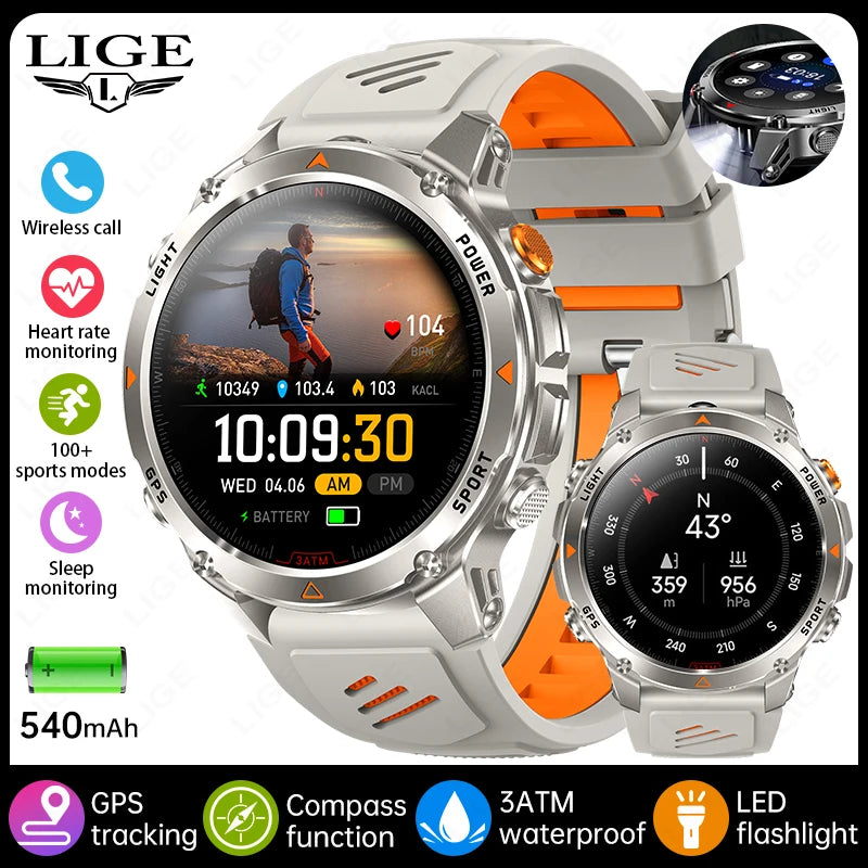 Rugged GPS Smart Watch Men LED Flashlight Compass 3ATM Waterproof Bluetooth Call Sports Cycling Smartwatch