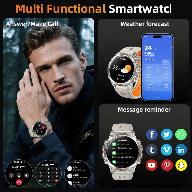 Rugged GPS Smart Watch Men LED Flashlight Compass 3ATM Waterproof Bluetooth Call Sports Cycling Smartwatch