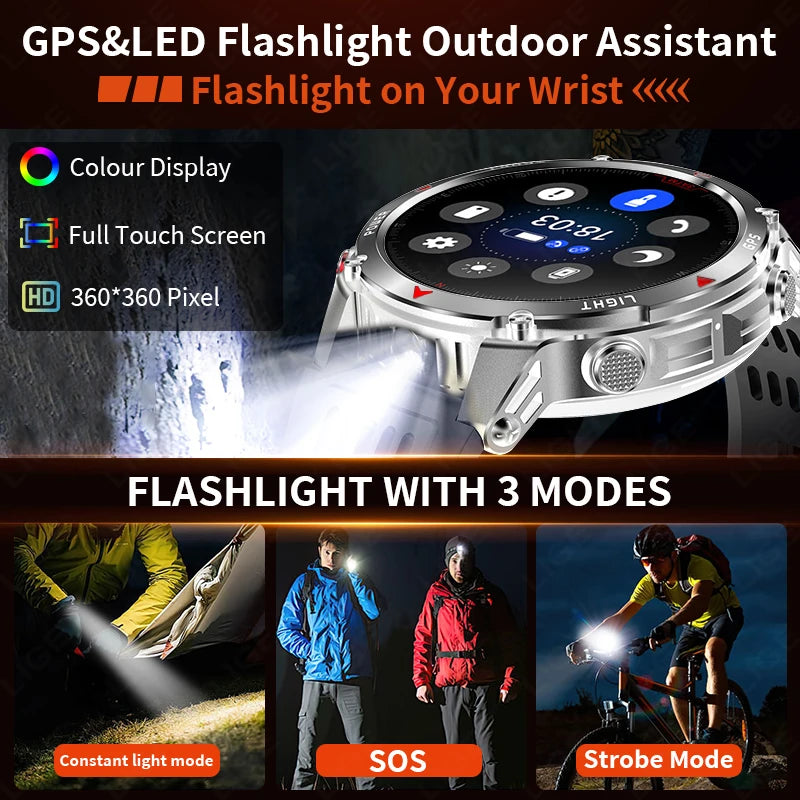 Rugged GPS Smart Watch Men LED Flashlight Compass 3ATM Waterproof Bluetooth Call Sports Cycling Smartwatch
