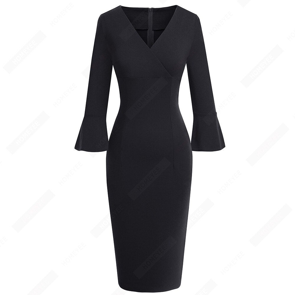 Women Sexy Deep V neck Elegant Horn sleeve Dress Business Slim Brief Pencil Dress-0